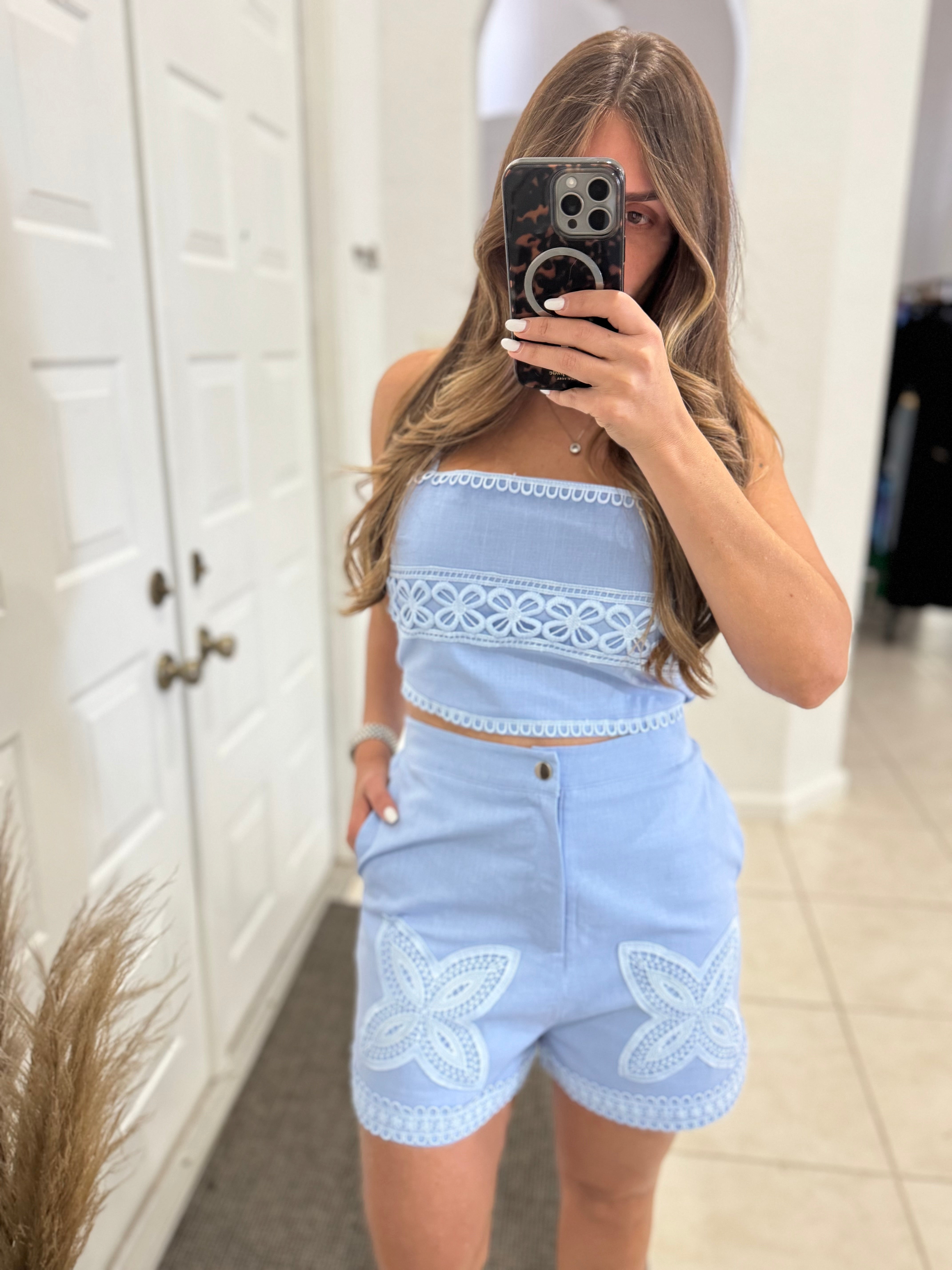 Luxe sky blue smocked shorts and top main image 0