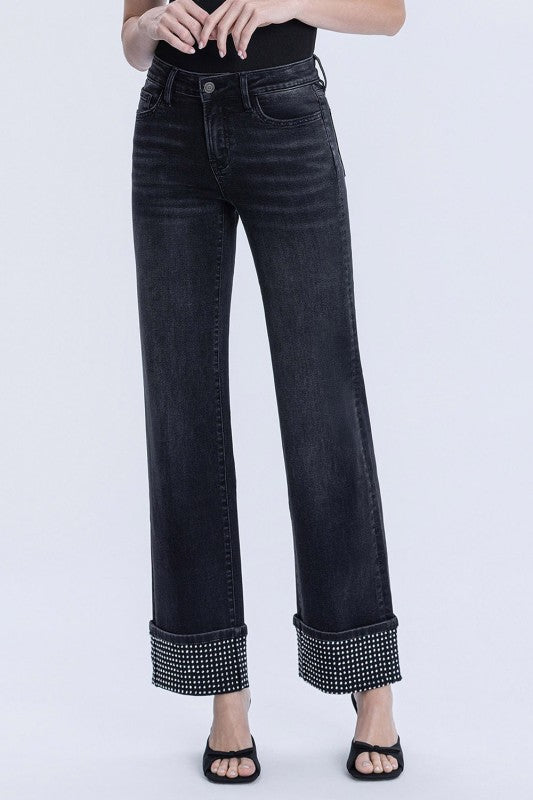 Mid-Rise Crystal Cuff Jeans