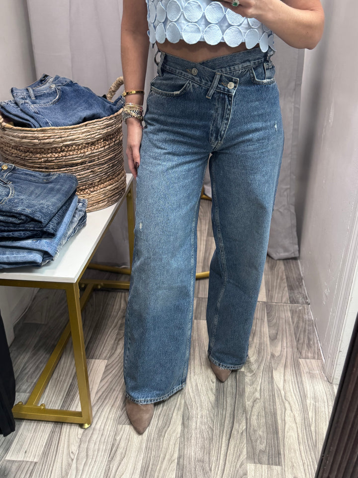 Crossed Waist Wide-Leg Denim