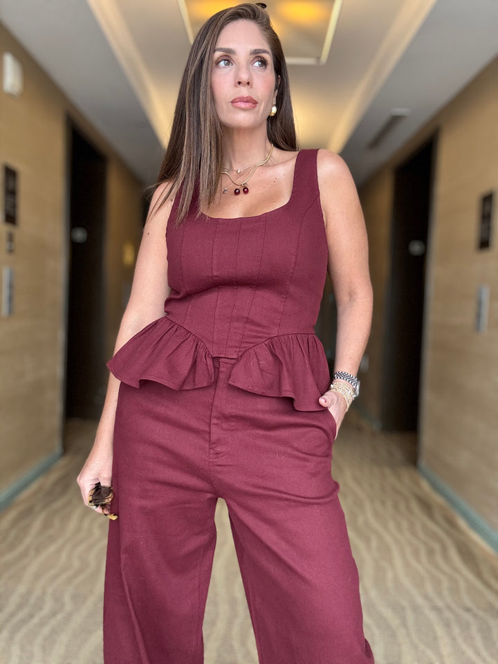 Burgundy Barrel Denim Set