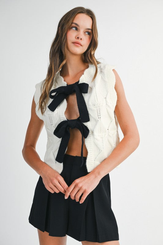 Cable Knit Scalloped Vest With Contrast Bow Tie