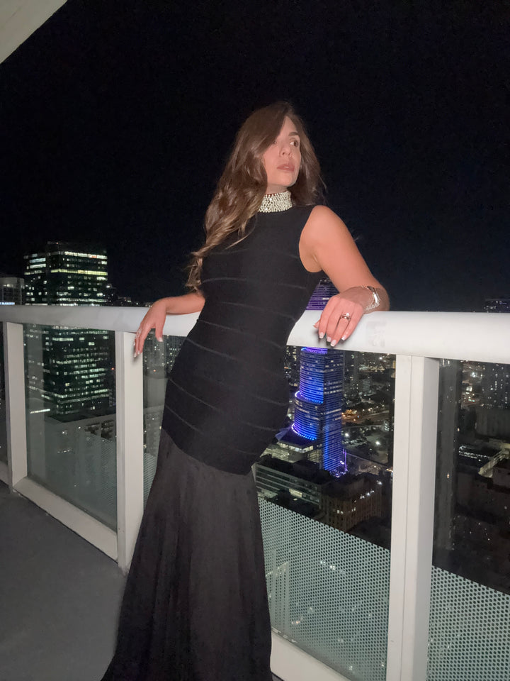 Rhinestone Pearl Knit Pleated Maxi Dress