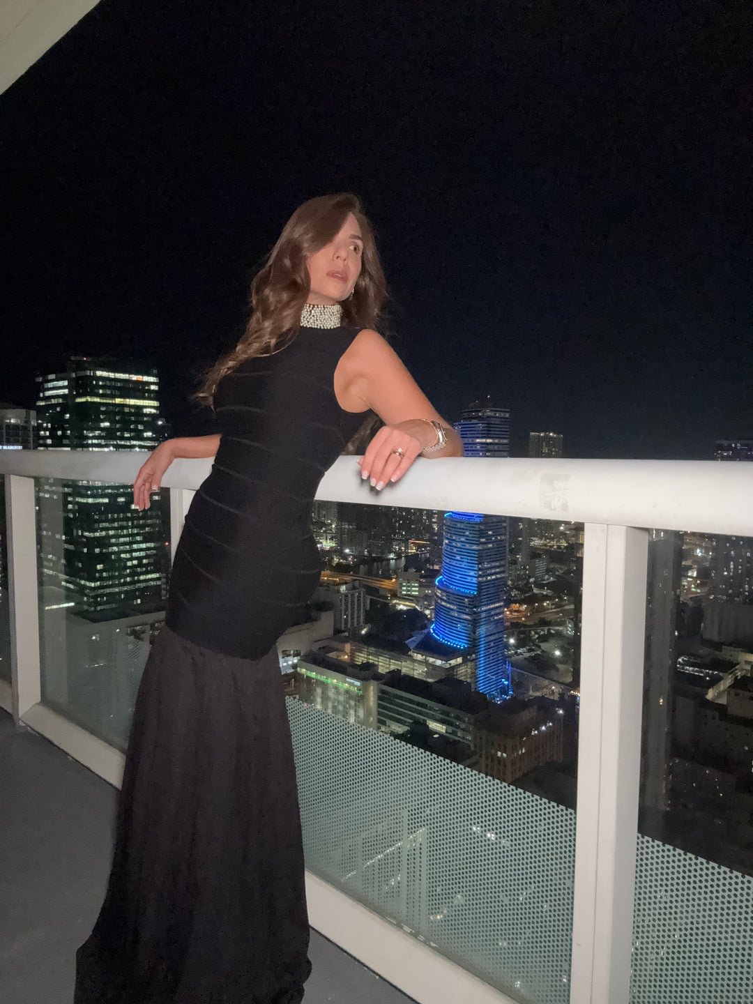 Rhinestone Pearl Knit Pleated Maxi Dress