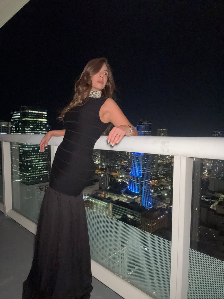 Rhinestone Pearl Knit Pleated Maxi Dress