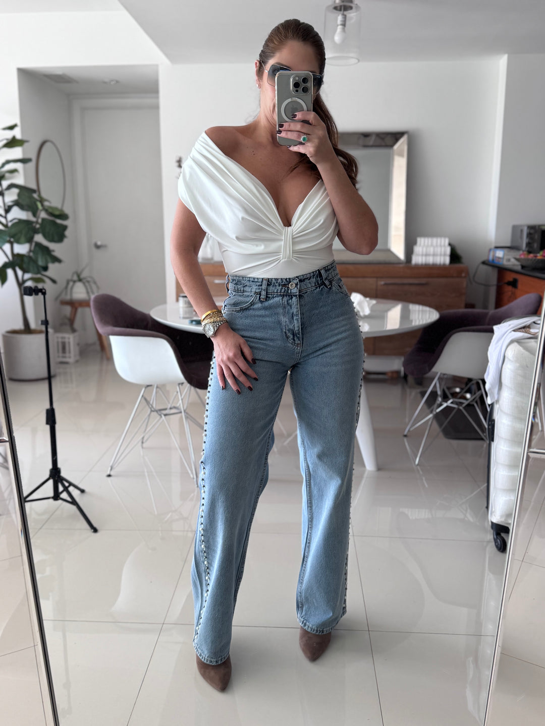 Pearl Line Mid-Rise Straight Denim