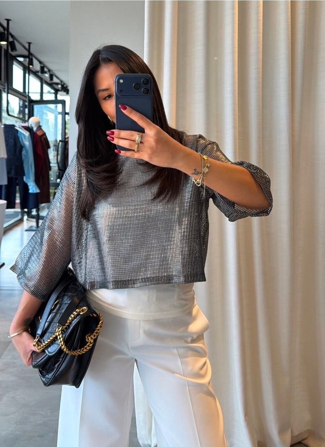 Blue Metal Mesh Layered Top