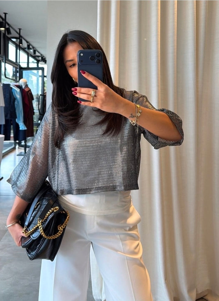 Blue Metal Mesh Layered Top