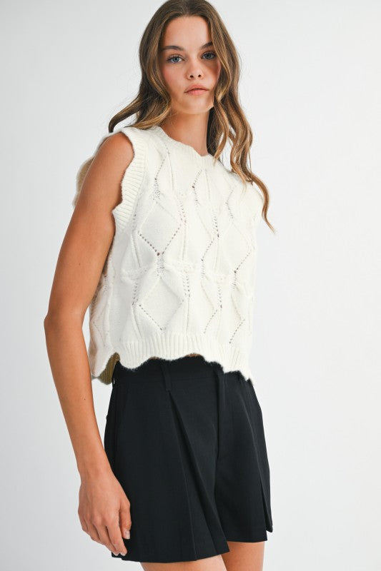 Cable Knit Scalloped Vest With Contrast Bow Tie