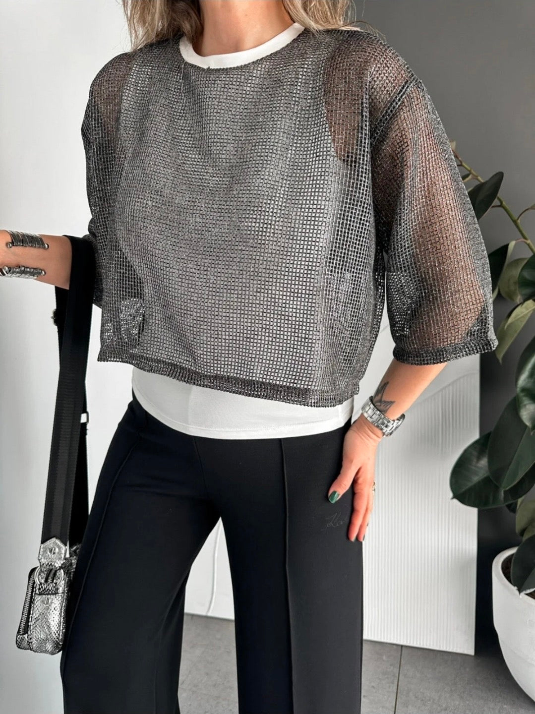 Blue Metal Mesh Layered Top