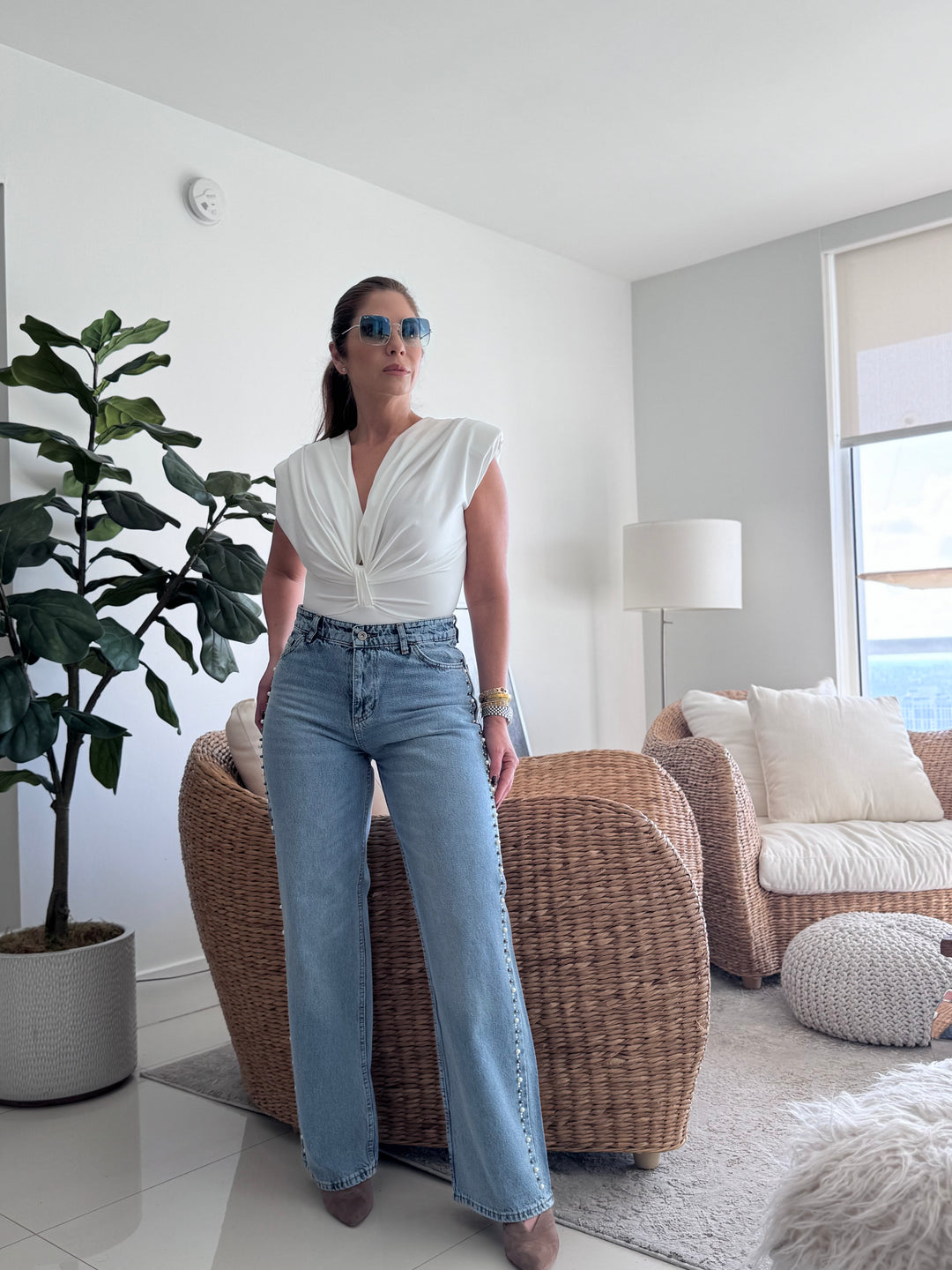 Pearl Line Mid-Rise Straight Denim