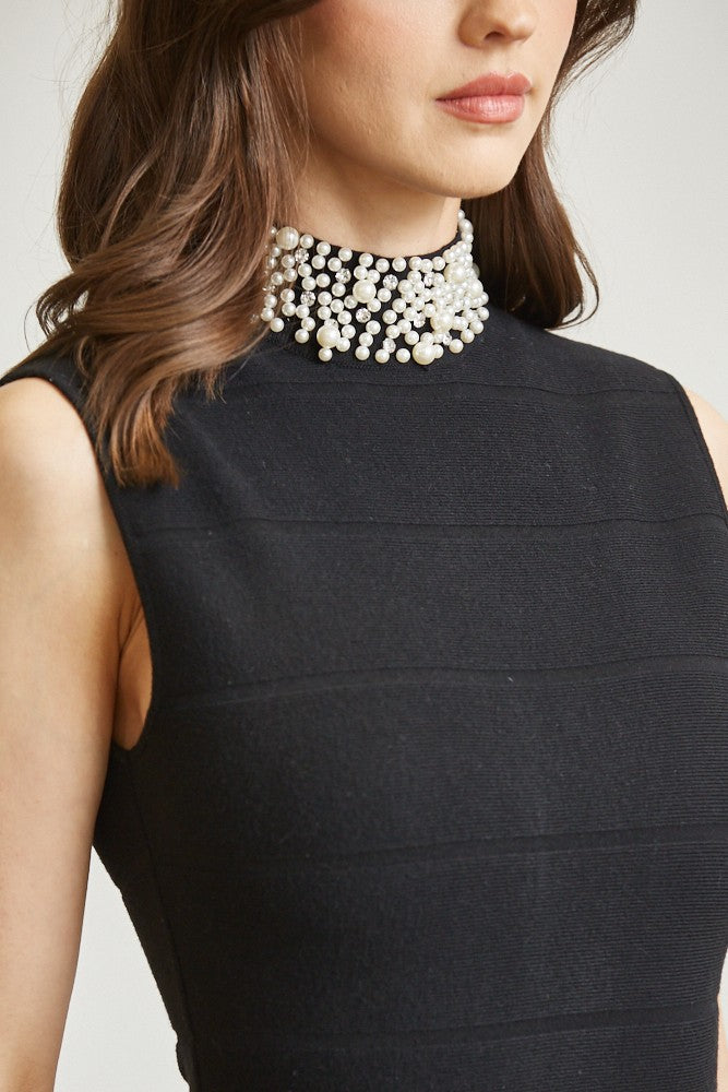 Rhinestone Pearl Knit Pleated Maxi Dress
