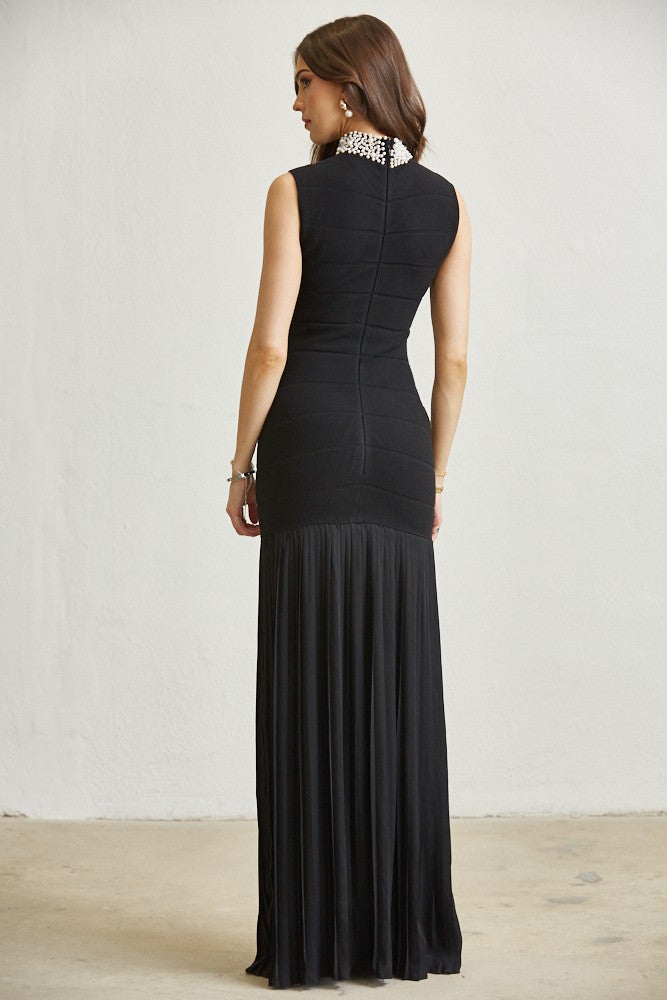 Rhinestone pearl Knit Pleated Maxi Dress_