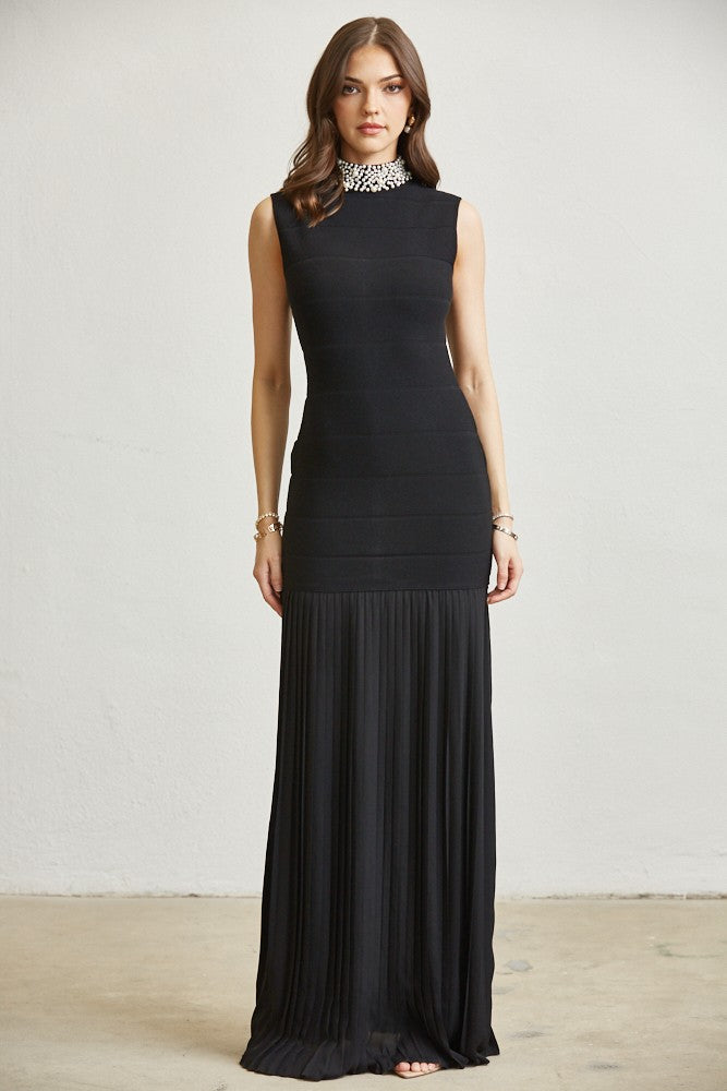 Rhinestone Pearl Knit Pleated Maxi Dress